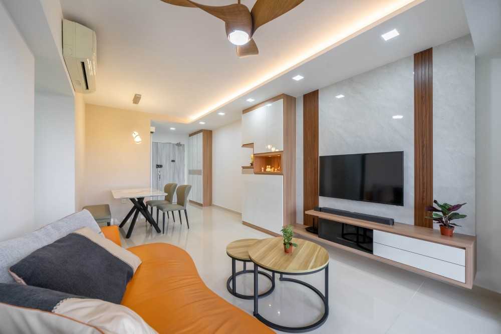 Contemporary Living Room with Homogeneous Tiles and TV Console