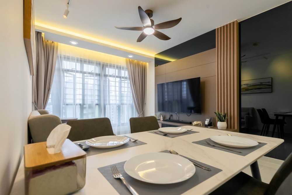 Contemporary Living Room with Marble Floor and Feature Wall
