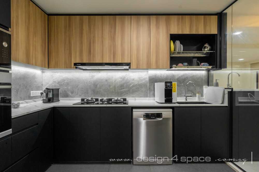 Contemporary Kitchen with Homogeneous Tiles and Wood Flooring