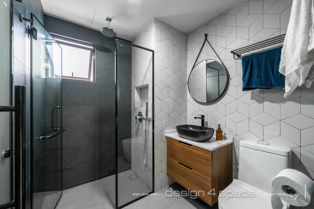 Contemporary Bathroom with Herringbone Tiling and Mirror
