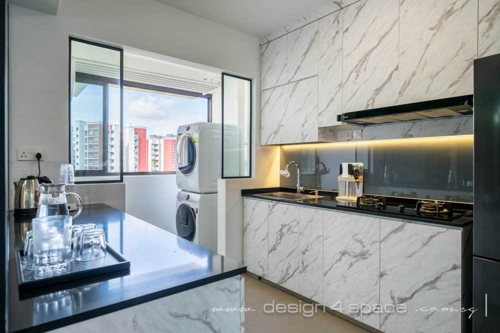 Contemporary Kitchen with Homogeneous Tiles and Wood Flooring
