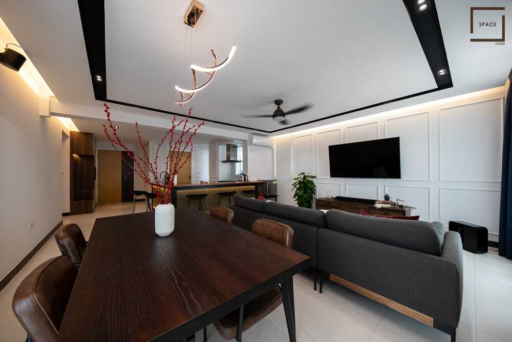 Contemporary Living Room with Homogeneous Tiles and TV Console