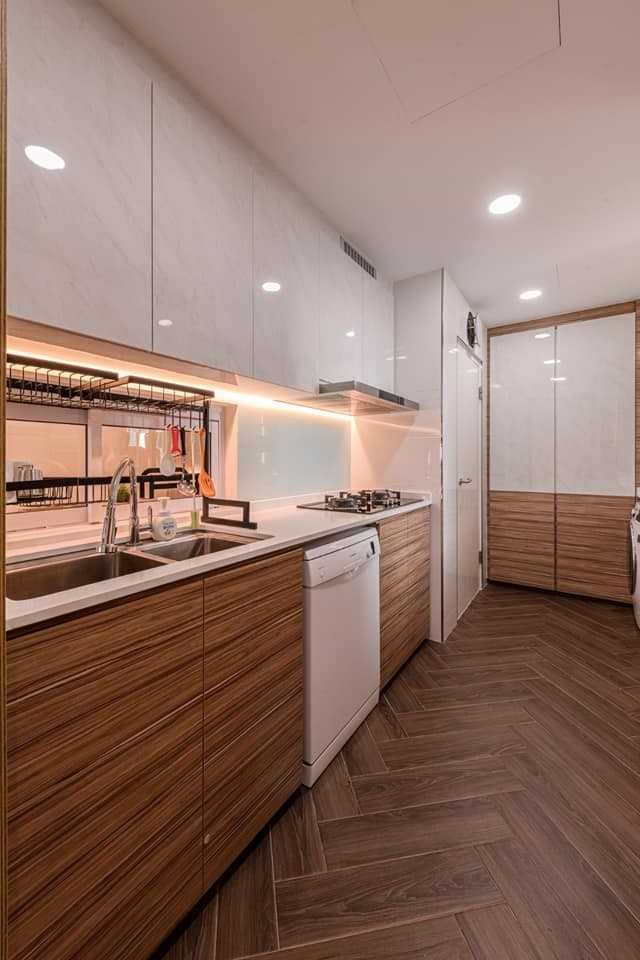 Contemporary Kitchen with Countertop and Herringbone Tiling
