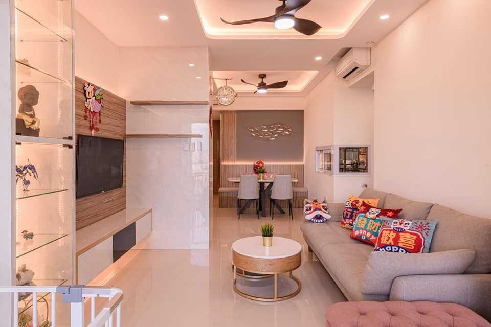 Contemporary Living Room with Homogeneous Tiles and TV Console