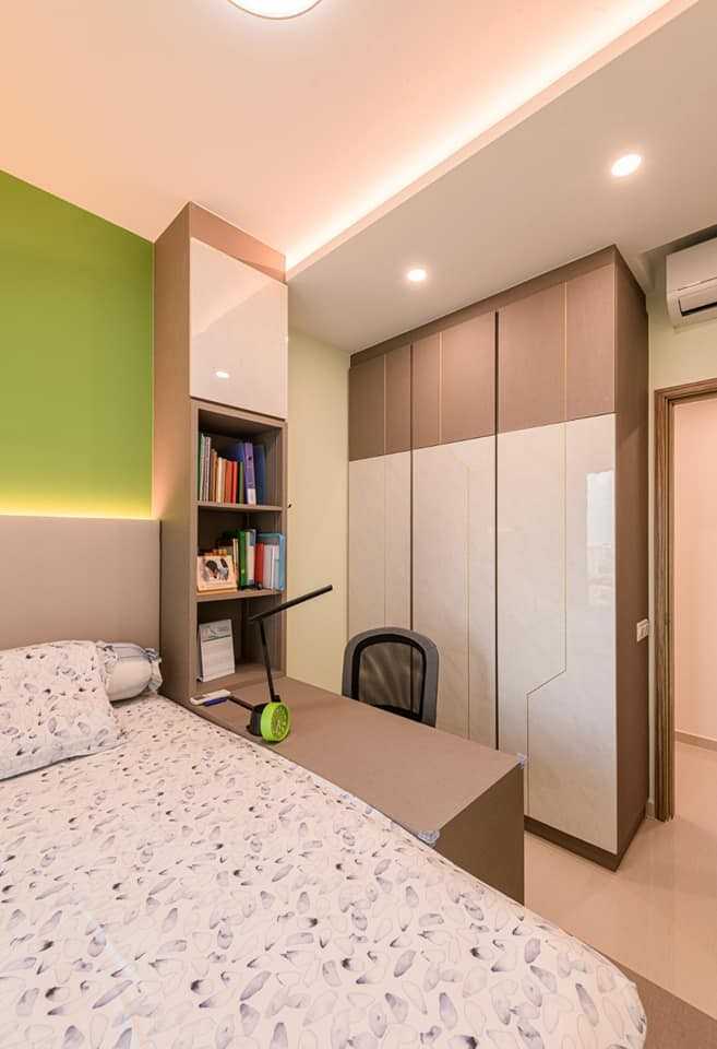 Contemporary Bedroom with Bookshelf and Platform Bed