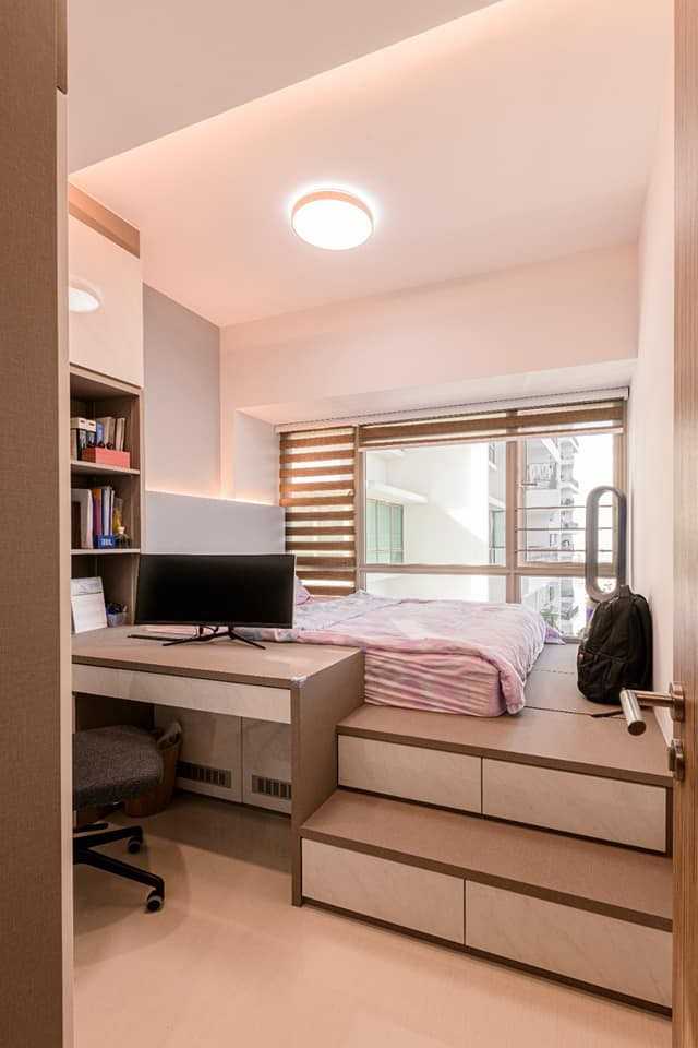 Contemporary Bedroom with Bookshelf and Platform Bed