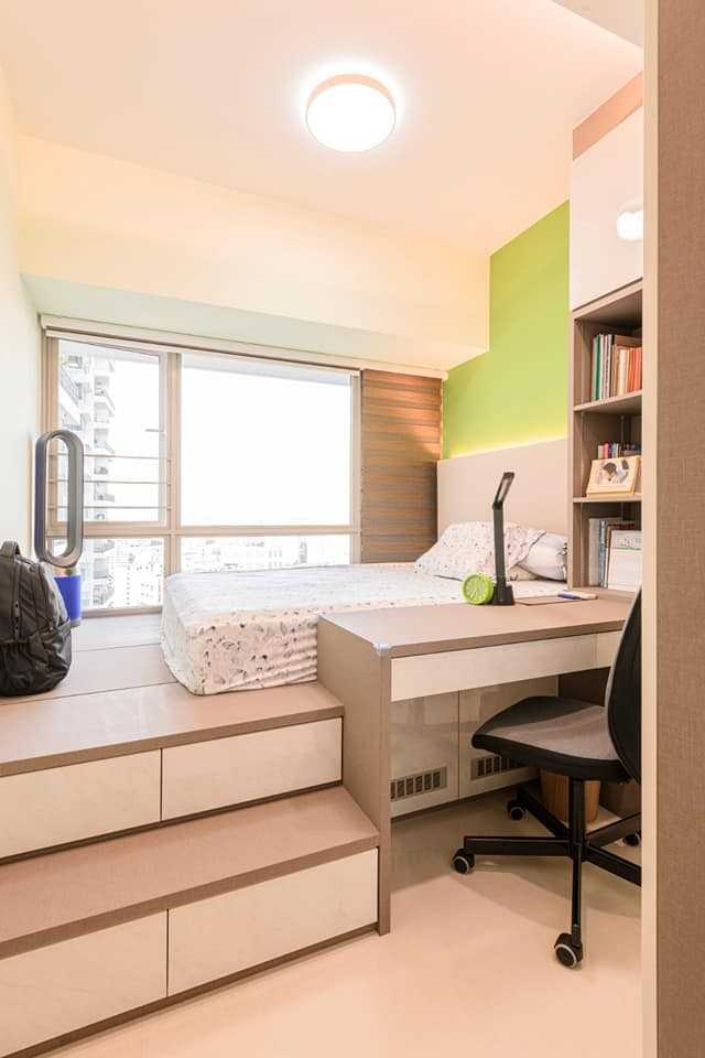 Contemporary Bedroom with Bookshelf and Platform Bed