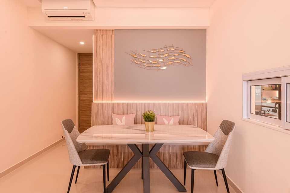 Contemporary Dining Room with Drop Light and Cove Lighting
