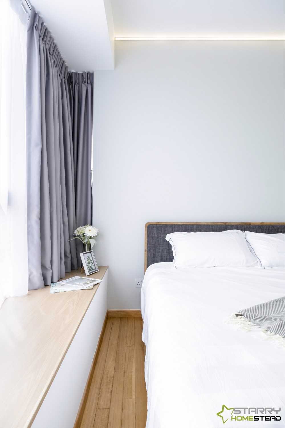 Modern Bedroom with Bay Window and Bed