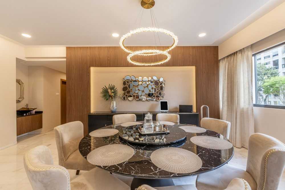 Minimalist Dining Room with Chandelier and Downlights