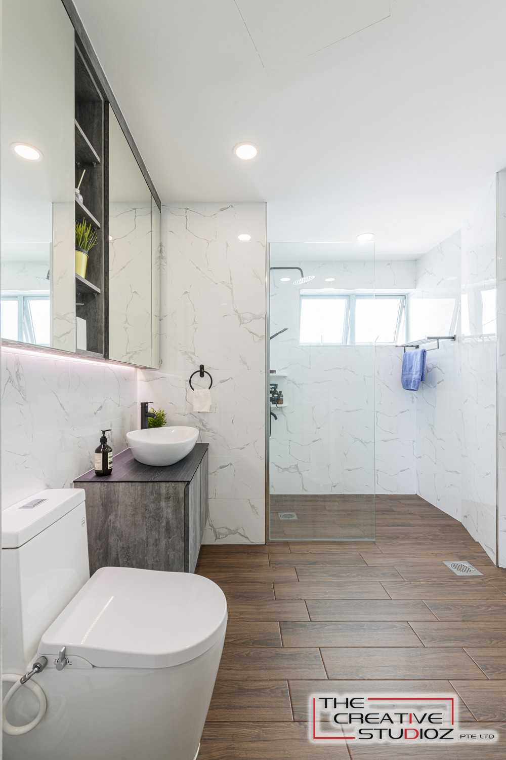 Scandinavian Bathroom with Wood Flooring and Mirror