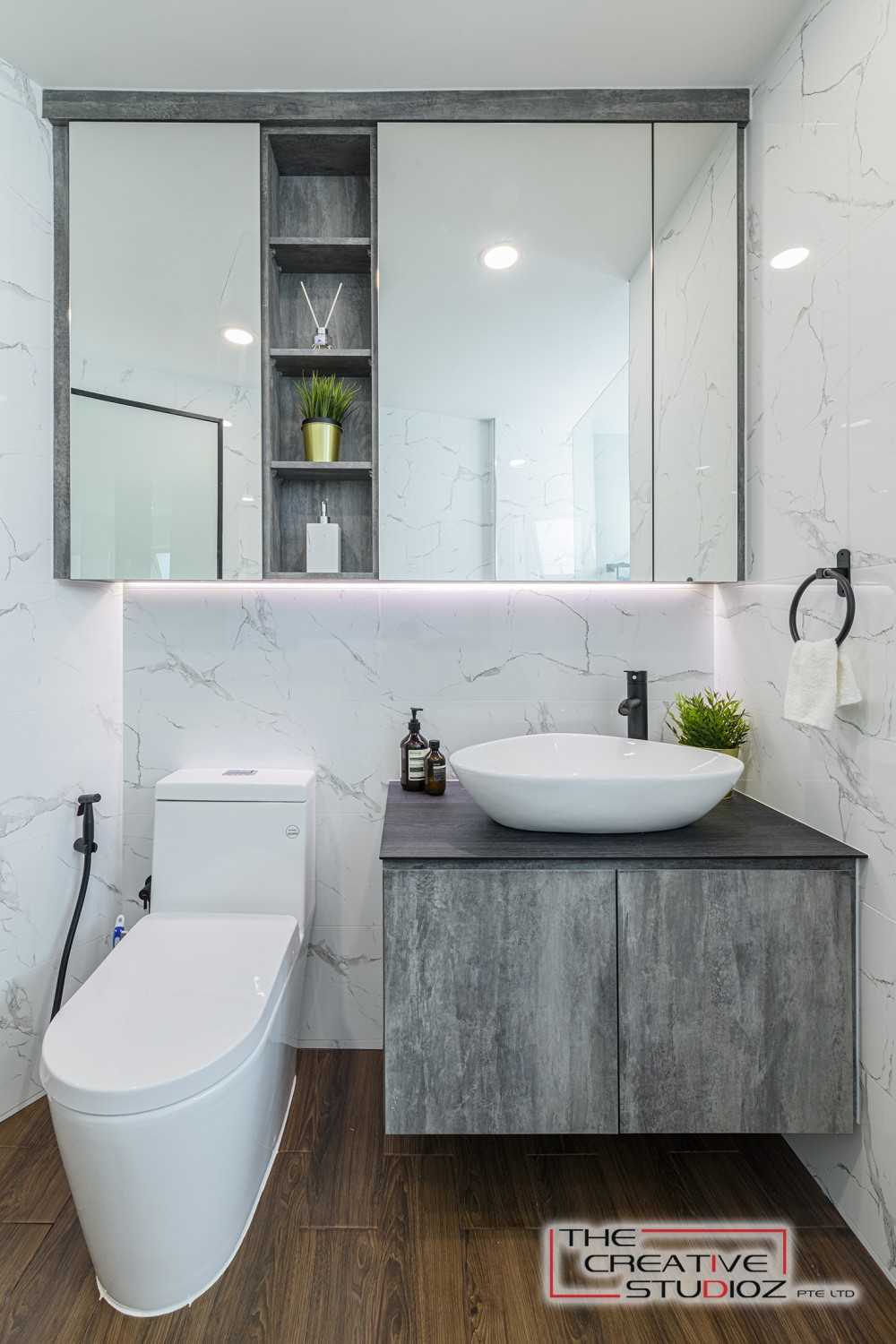 Scandinavian Bathroom with Wood Flooring and Mirror