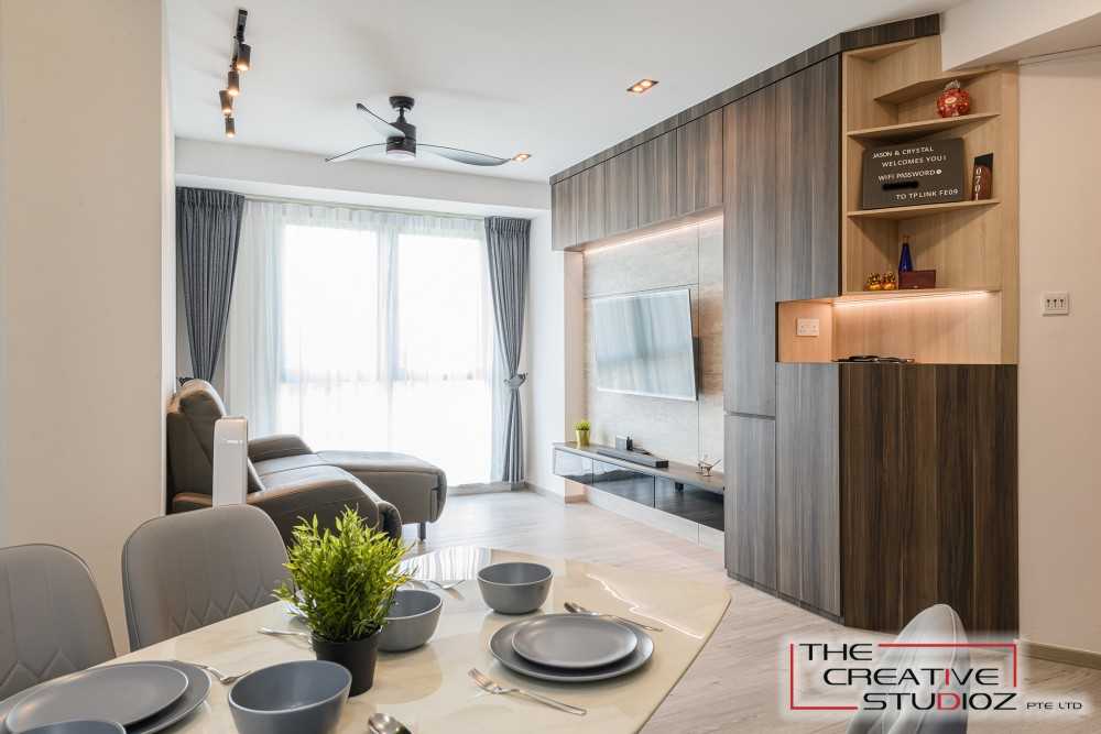 Scandinavian Living Room with Vinyl Flooring and TV Console