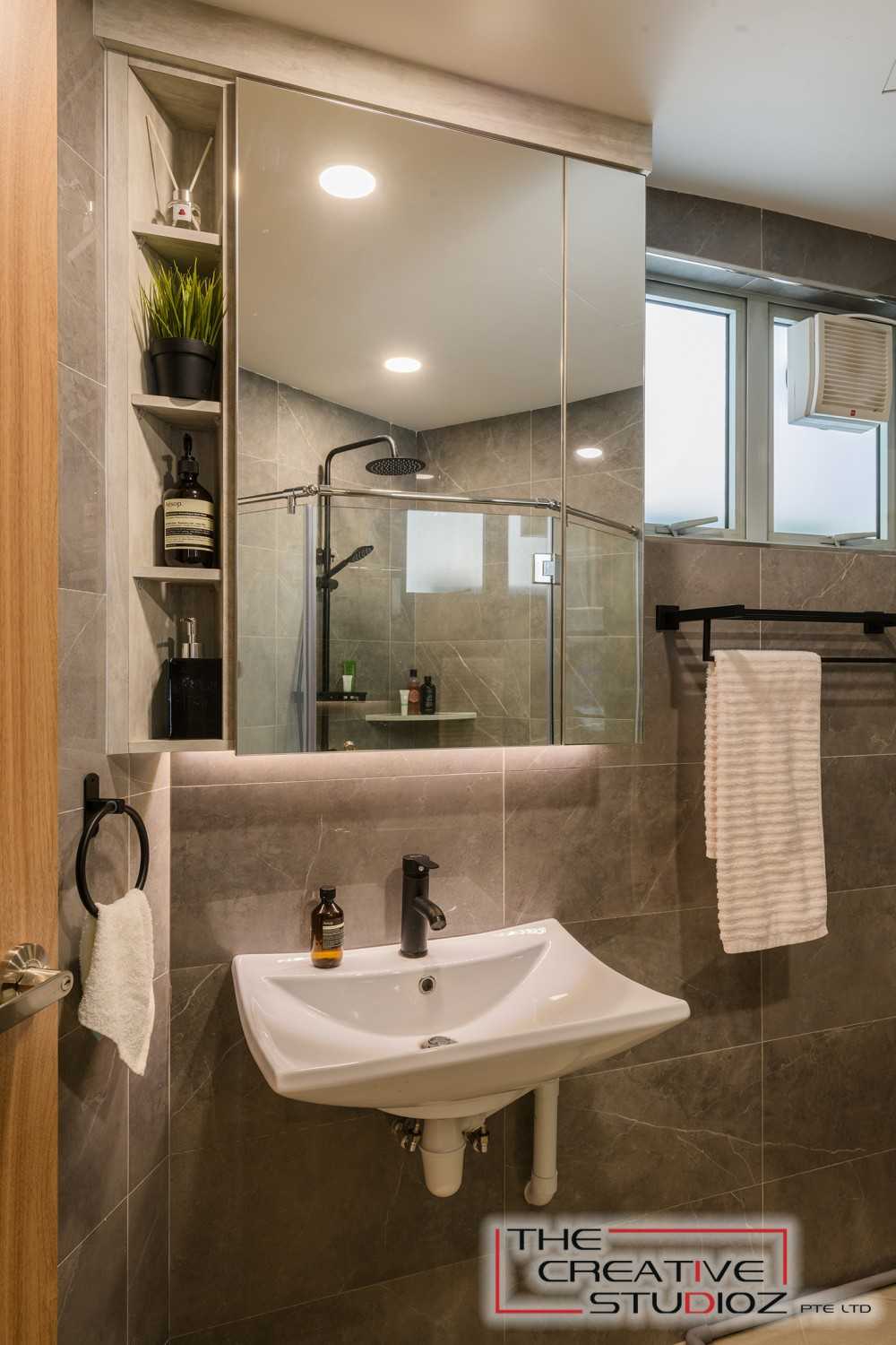 Scandinavian Bathroom with Shower Screen and Bathroom Storage