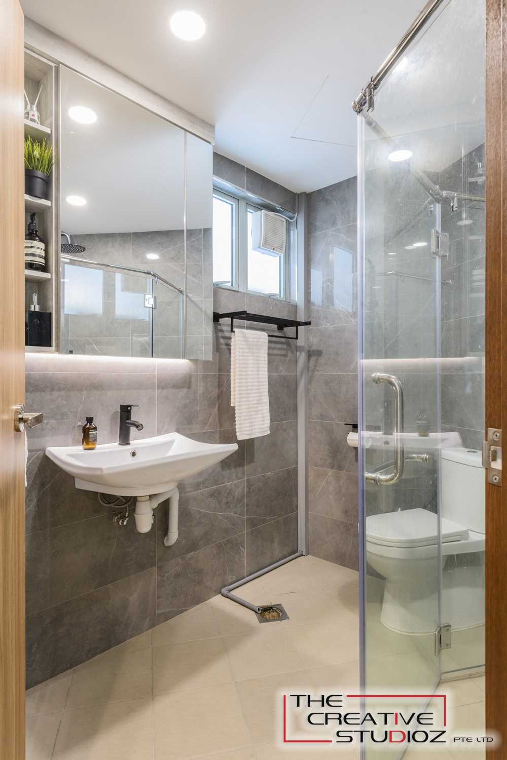 Scandinavian Bathroom with Shower Screen and Bathroom Storage