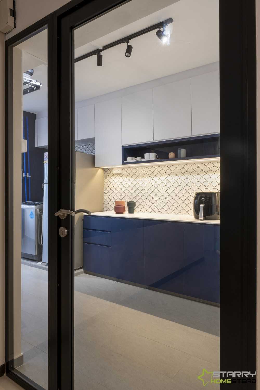 Eclectic Kitchen with Kitchen Cabinets and Refrigerator