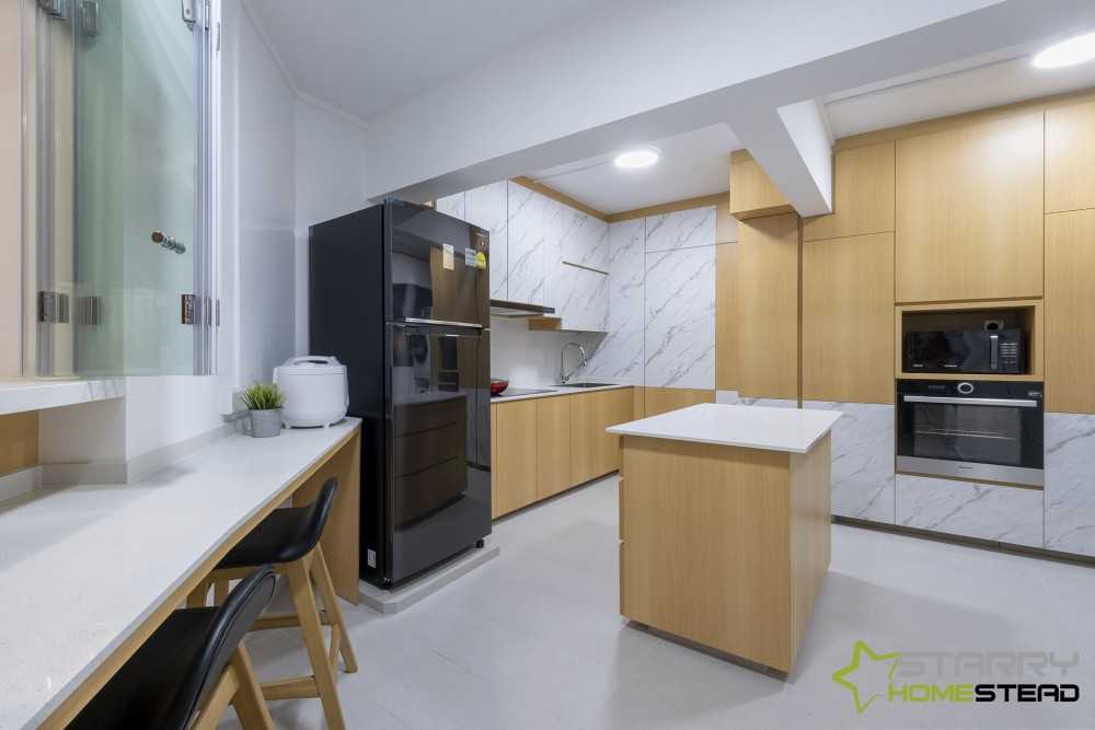 Scandinavian Kitchen with Kitchen Cabinets and Refrigerator