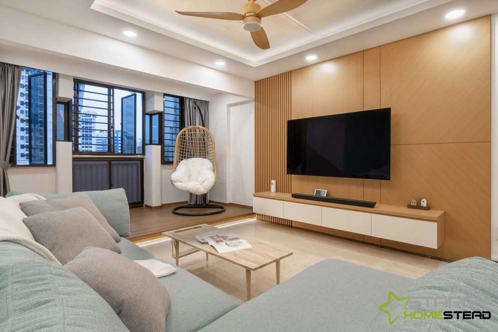 Scandinavian Living Room with TV Console and Feature Wall