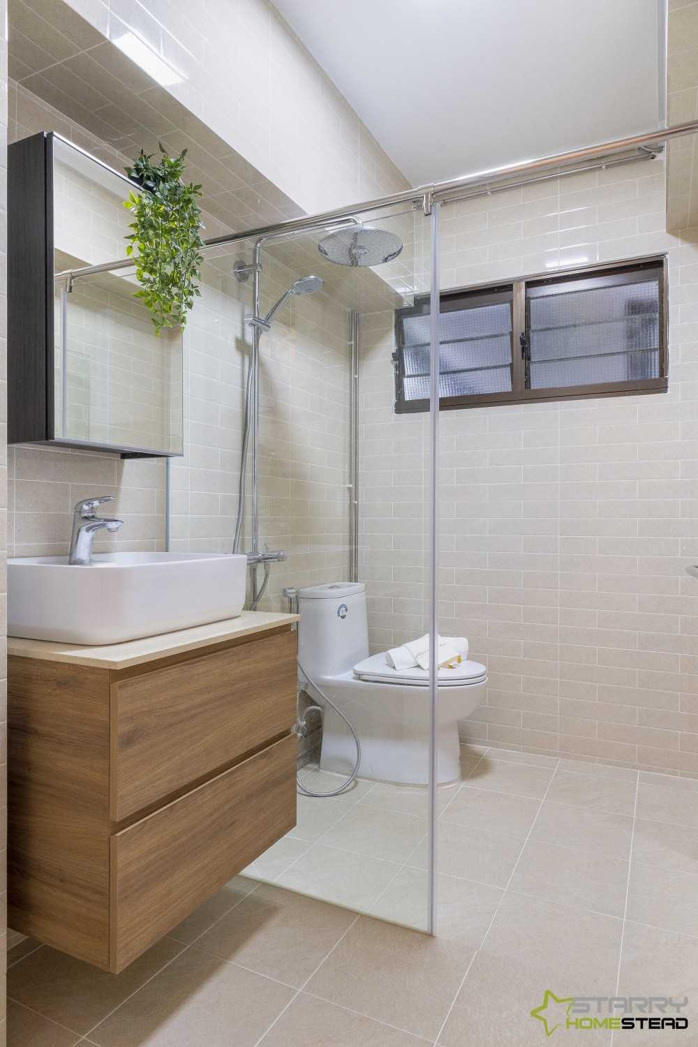 Scandinavian Bathroom with Showers and Toilet Bowl