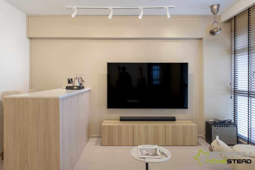 Scandinavian Living Room with Kitchen Island and TV