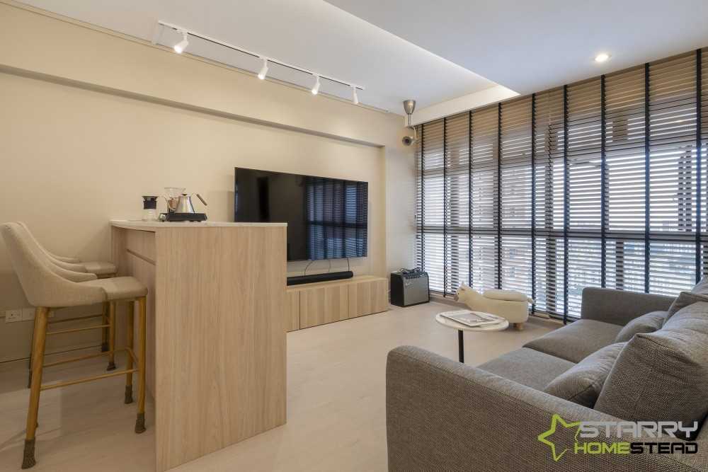 Scandinavian Living Room with Kitchen Island and TV