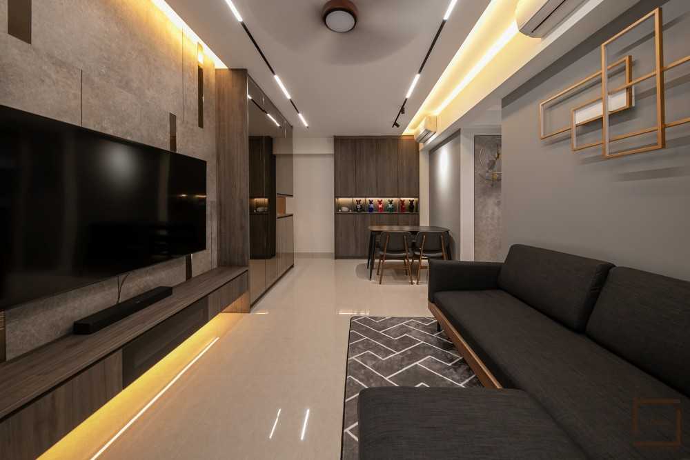 Contemporary Living Room with Drop Light and Carpet