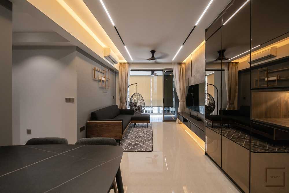 Contemporary Living Room with Homogeneous Tiles and TV Console