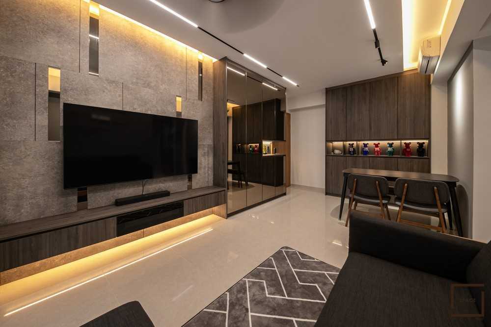 Contemporary Living Room with Homogeneous Tiles and TV Console