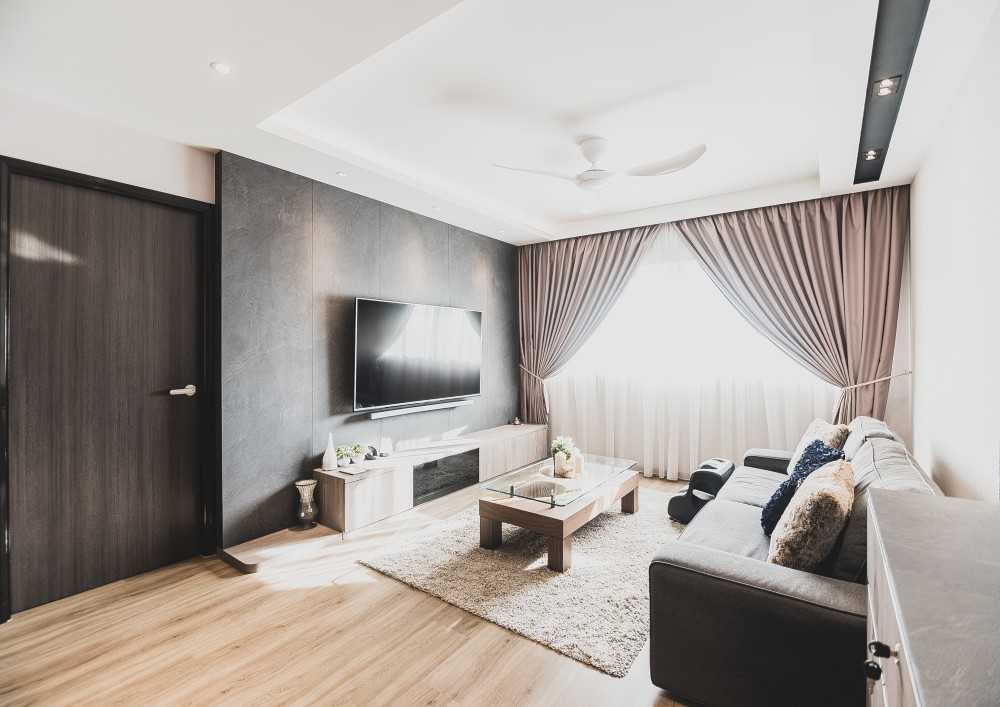 Contemporary Living Room with TV Console and Feature Wall