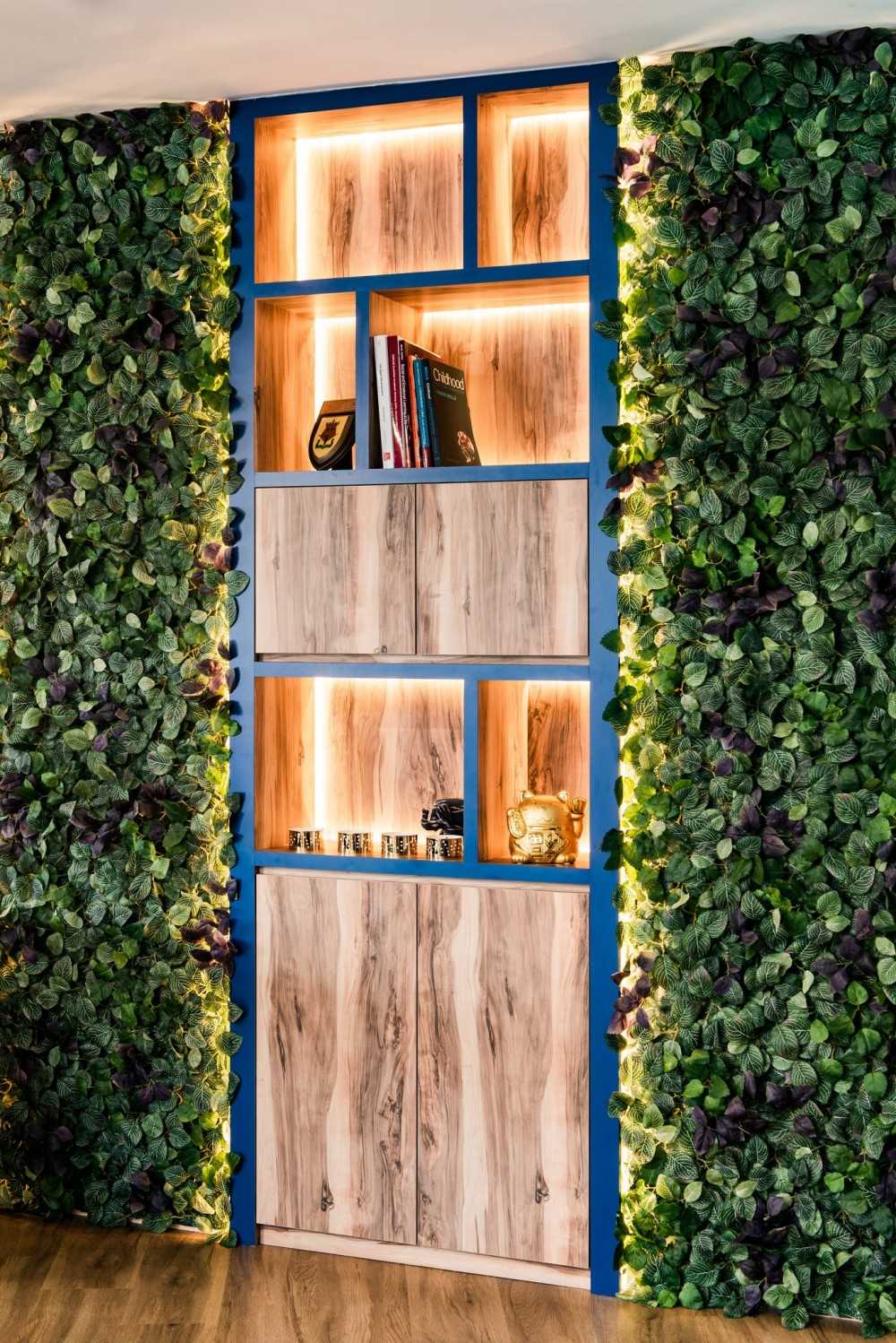 Eclectic Hallway with Bookshelf and Artwork