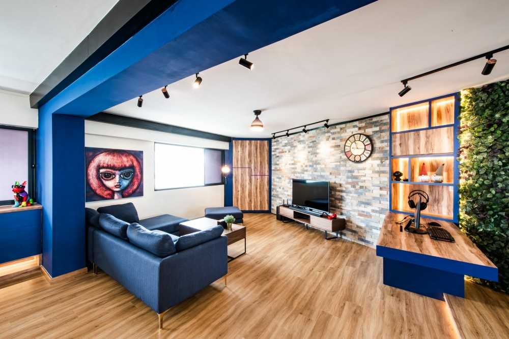 Eclectic Living Room with Bookshelf and Vinyl Flooring
