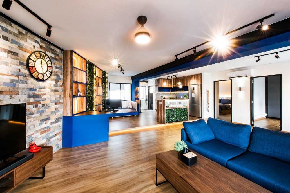 Eclectic Living Room with Bookshelf and Homogeneous Tiles