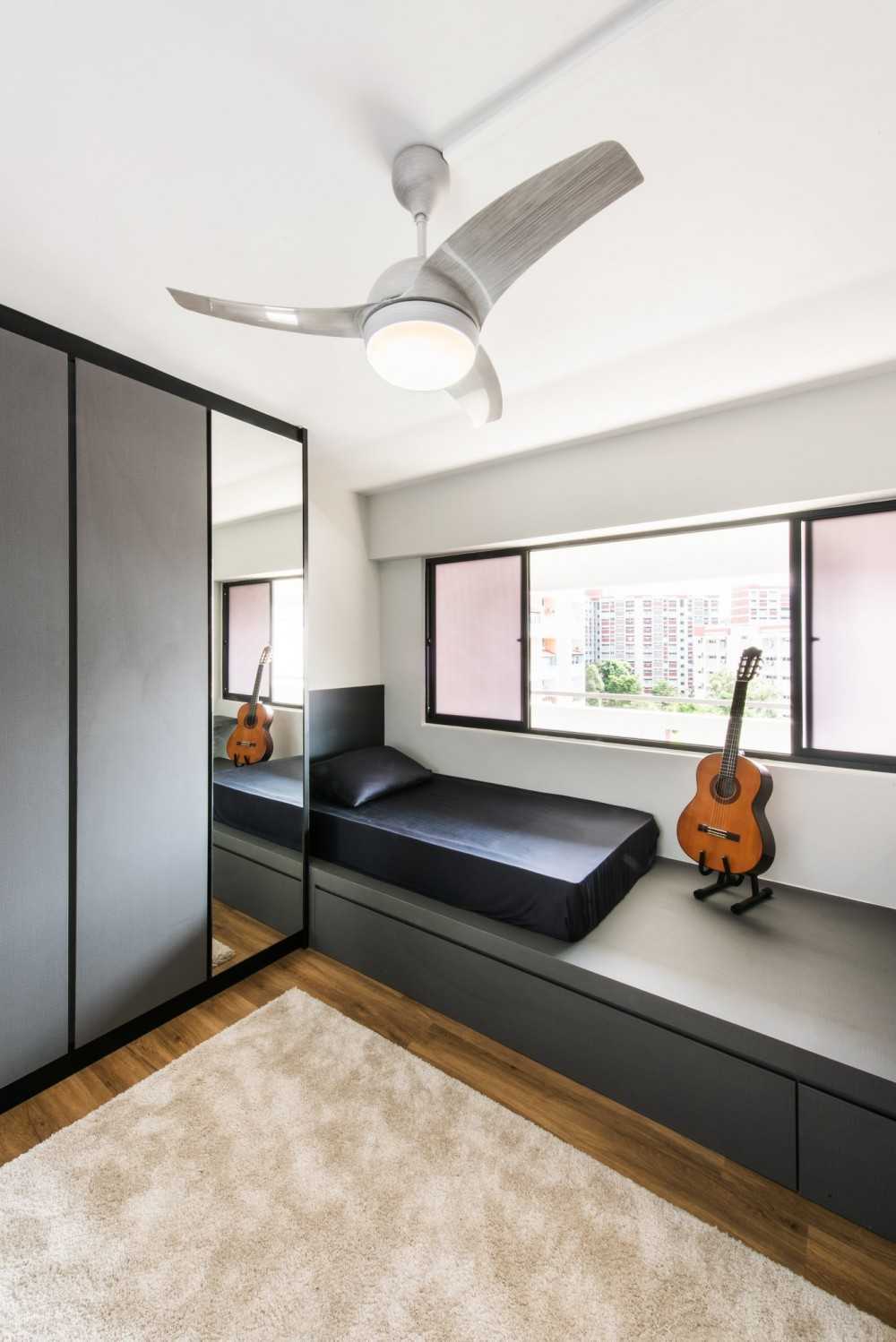 Eclectic Bedroom with Platform Bed and Vinyl Flooring