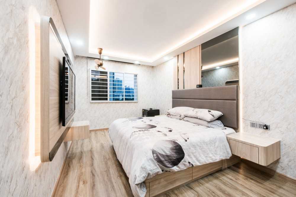 Contemporary Bedroom with Platform Bed and Vinyl Flooring