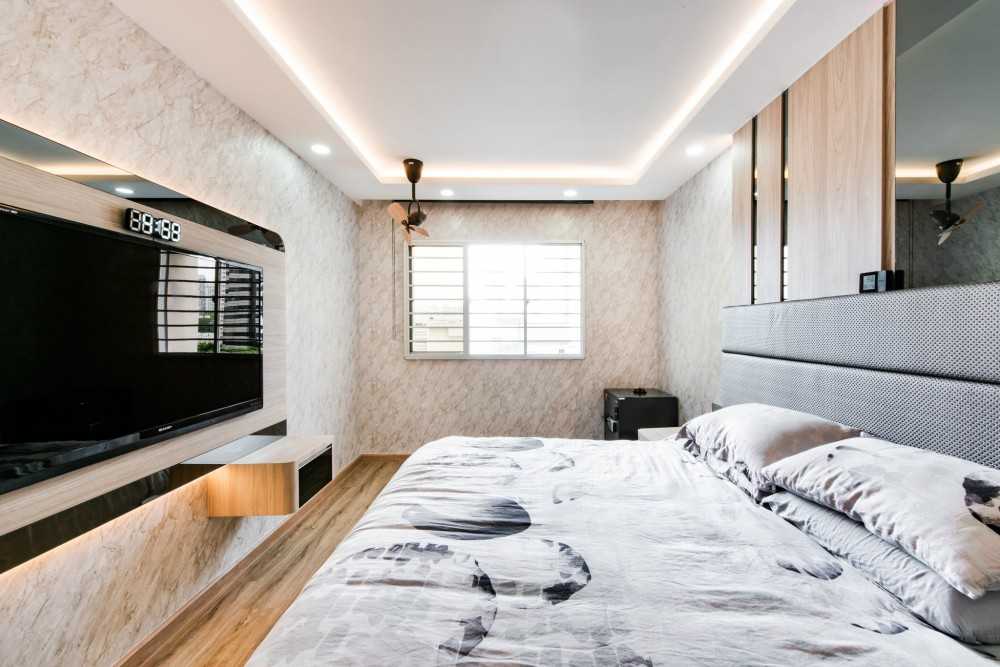 Contemporary Bedroom with Platform Bed and Vinyl Flooring