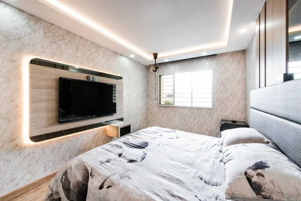 Contemporary Bedroom with Platform Bed and Vinyl Flooring
