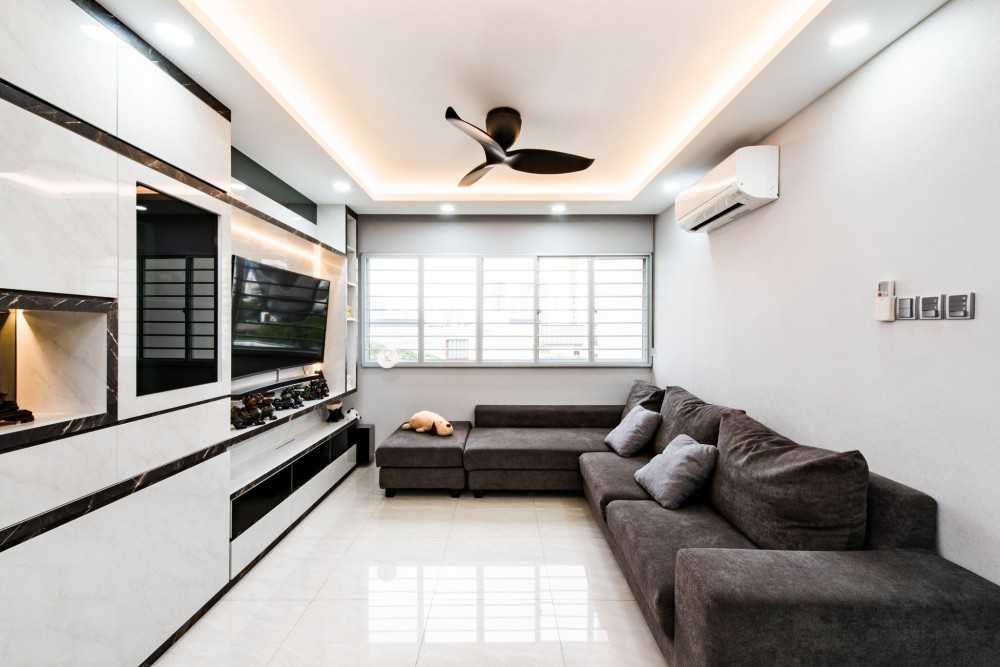 Contemporary Living Room with Bookshelf and Homogeneous Tiles