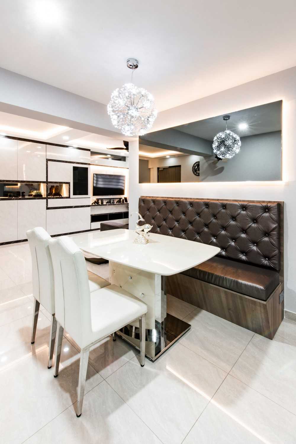 Contemporary Dining Room with Drop Ceiling and Chandelier