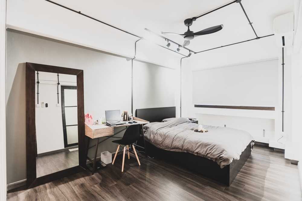 Industrial Bedroom with Vinyl Flooring and Wardrobe