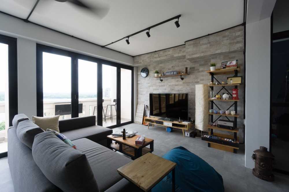 Industrial Living Room with Vinyl Flooring and Feature Wall