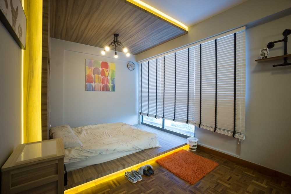 Industrial Bedroom with Platform Bed and Vinyl Flooring