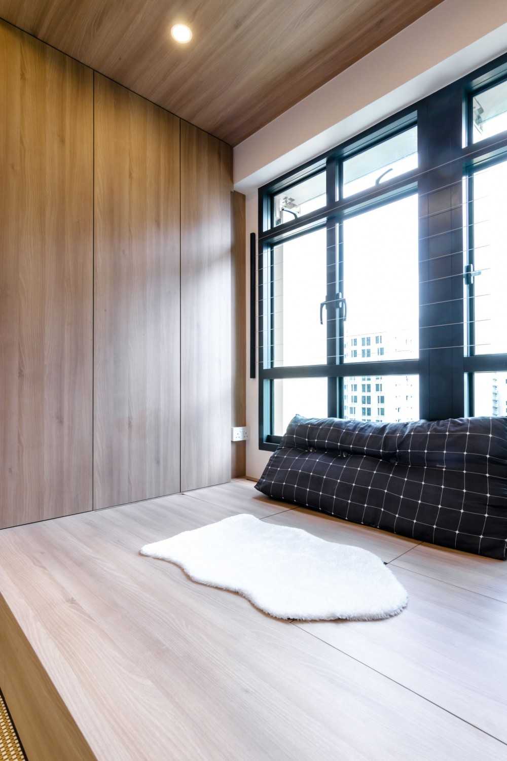 Scandinavian Bedroom with Bookshelf and Platform Bed
