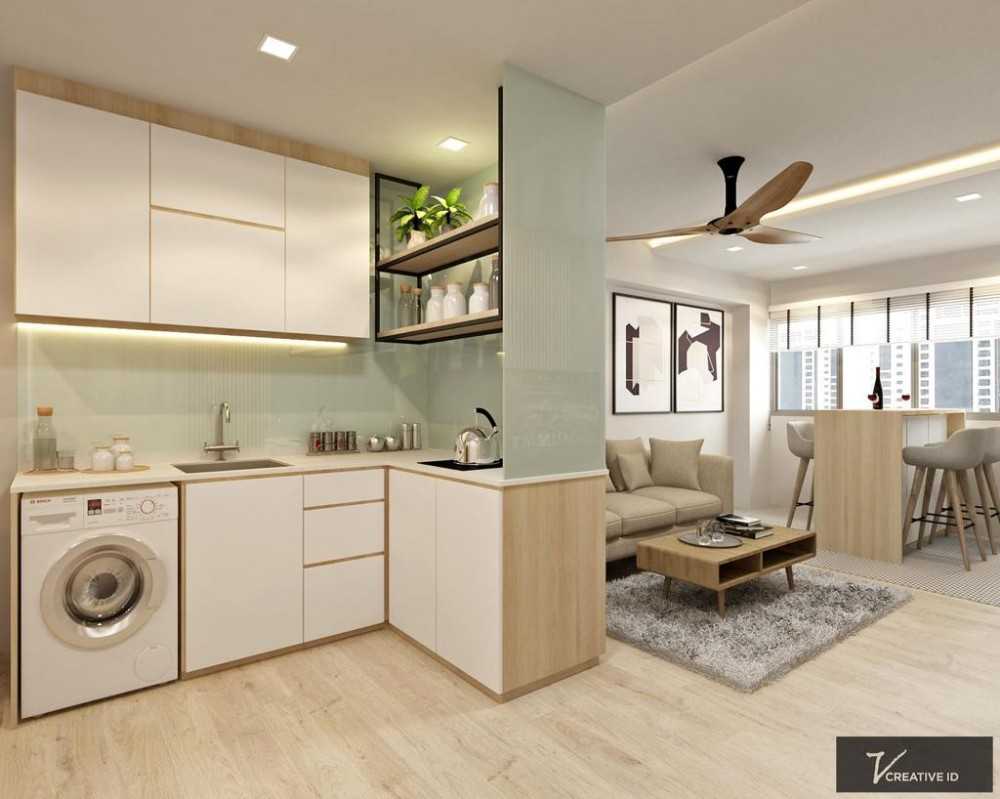 Scandinavian Kitchen with Wood Flooring and Breakfast Counter