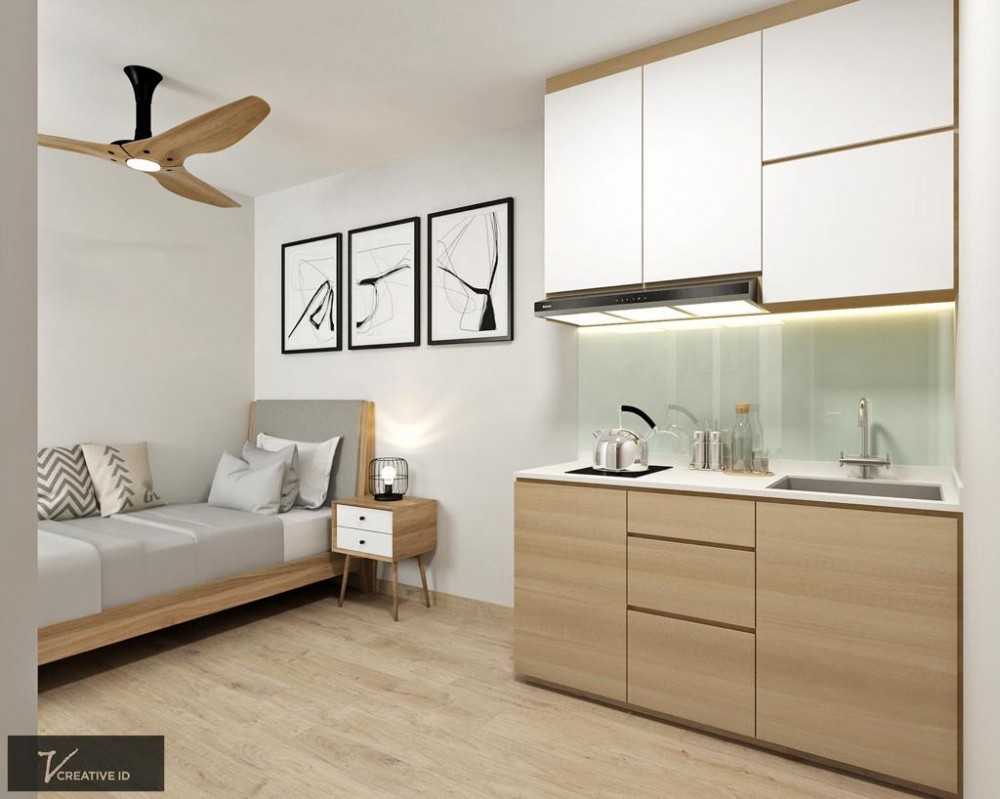 Scandinavian Bedroom with Wood Flooring and Drop Light