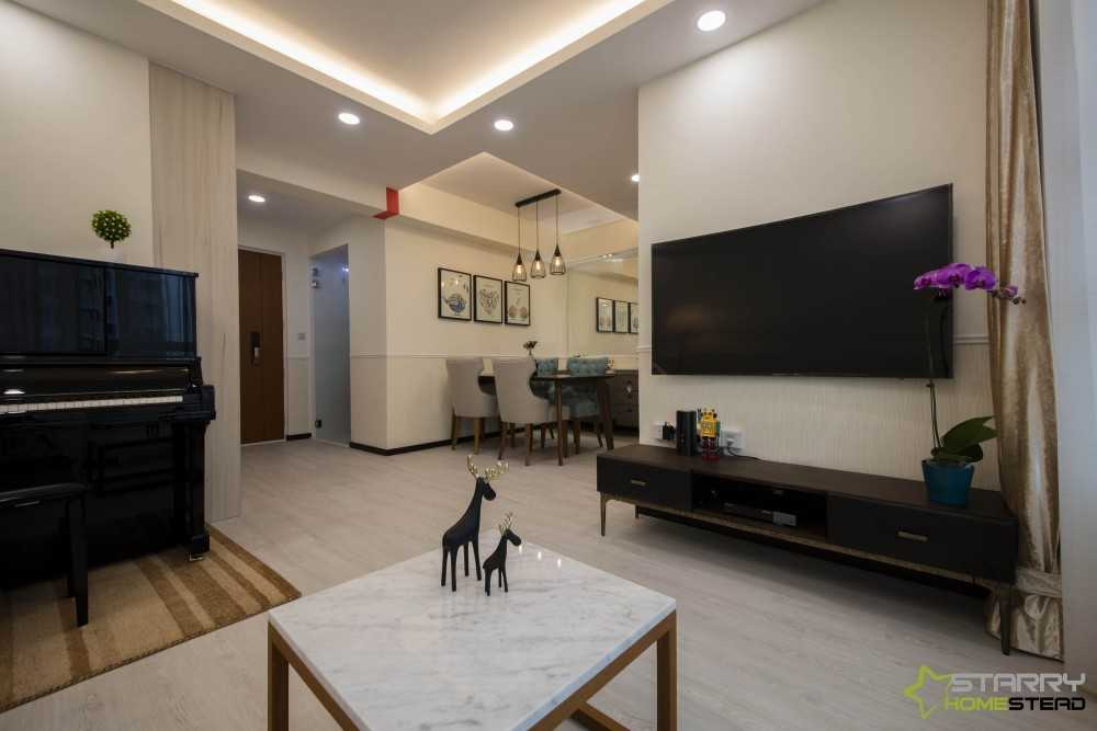Scandinavian Living Room with Drop Ceiling and Side Table