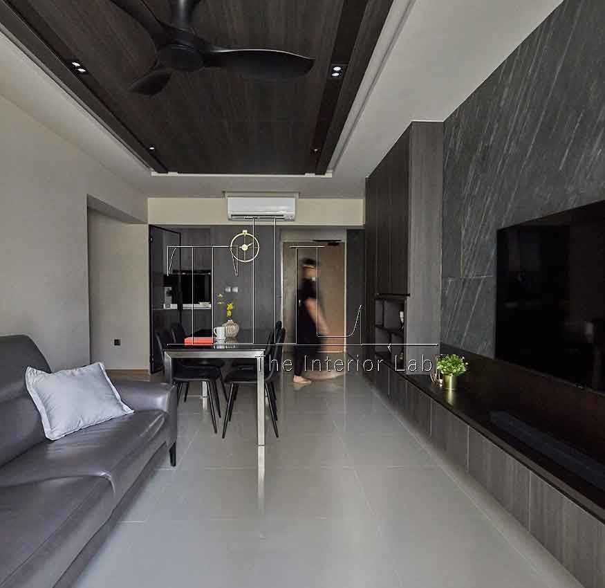 Contemporary Dining Room with Marble Floor and TV Console