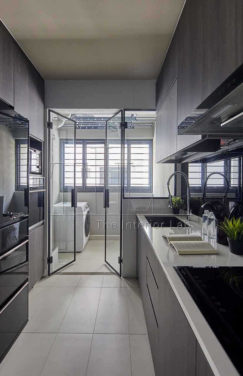 Contemporary Kitchen with Countertop and Glass Door