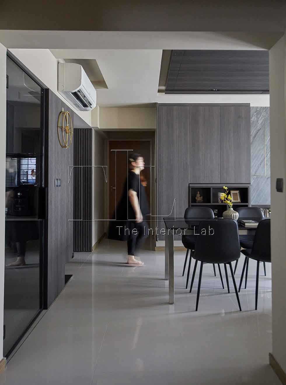 Contemporary Hallway with Marble Floor and Feature Wall