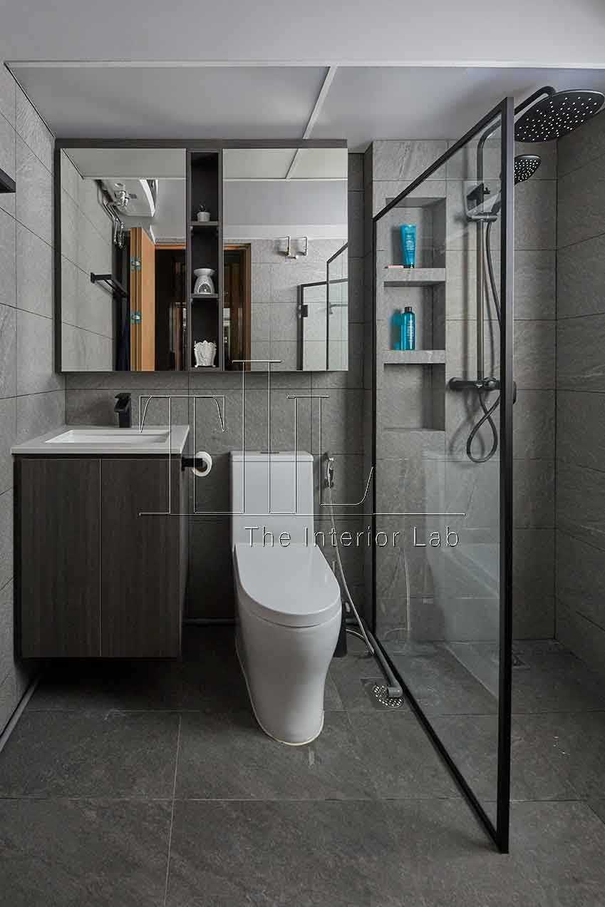 Contemporary Bathroom with Granite Floor and Mirror