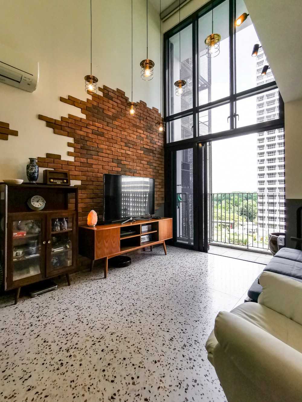 Eclectic Living Room with Feature Wall and Drop Ceiling
